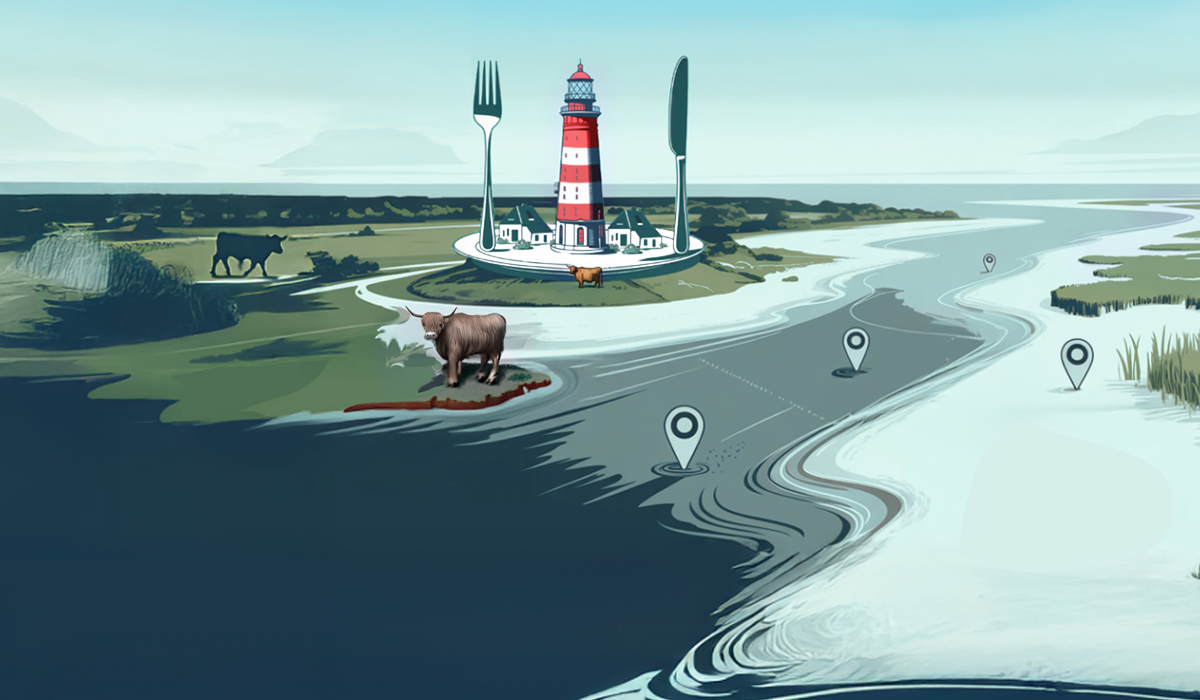 Illustration_Karte_Wasser_Leutchturm_mit_teller_gabel_und_messer_mit_rindern_und_landschafte_pins