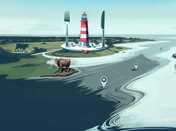 Illustration_Karte_Wasser_Leutchturm_mit_teller_gabel_und_messer_mit_rindern_und_landschafte_pins