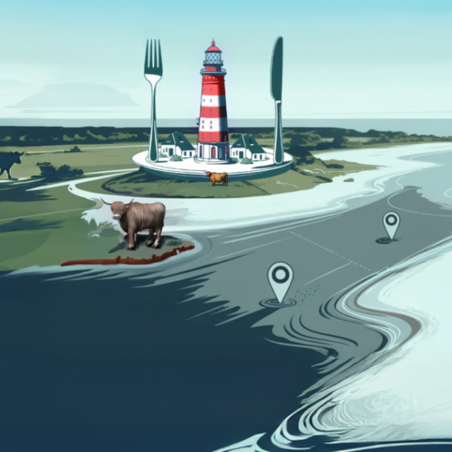 Illustration_Karte_Wasser_Leutchturm_mit_teller_gabel_und_messer_mit_rindern_und_landschafte_pins
