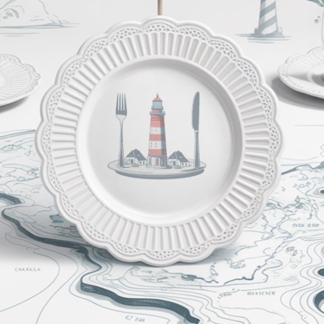 Illustration_Karte_Essen_Wasser_Leutchturm_gasthof_hoyerswortauf_Teller_Pins